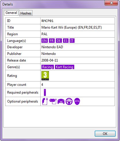 Screenshot of the details window of Open Wii Manager running on Windows 7 showing the properties of "Mario Kart Wii"