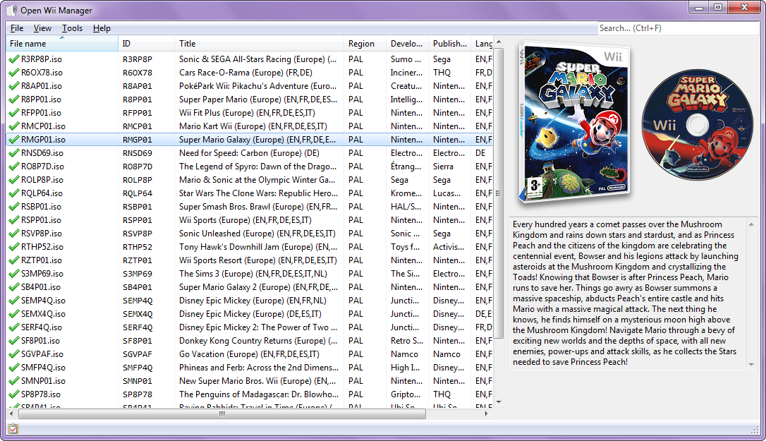 Screenshot of the main window of Open Wii Manager running on Windows 7 and showing a list of wii games