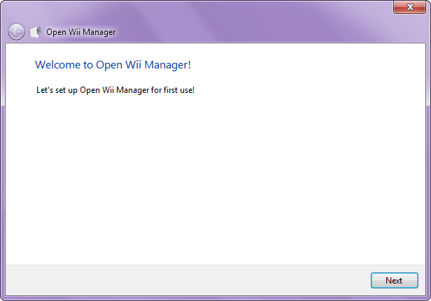 Screenshot of the "First Run" wizard of Open Wii Manager running on Windows 7